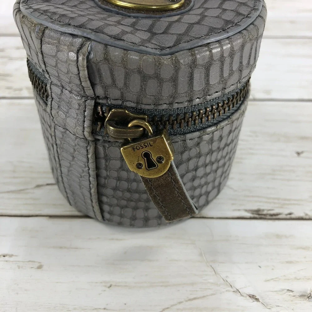 Fossil Grey Croc Embossed Leather Round Jewelry Travel Case Organizer Zip Box